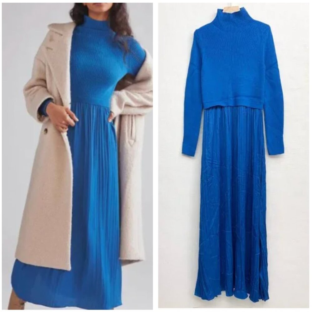 Anthropologie Royal Blue Knit-Top Pleated Midi Dress